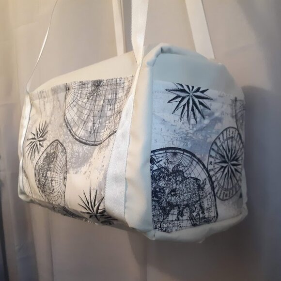 New Vinyl World Globe Compass Mini Duffle Tote Travel Bag Ivory gray Modern purs - Picture 4 of 9